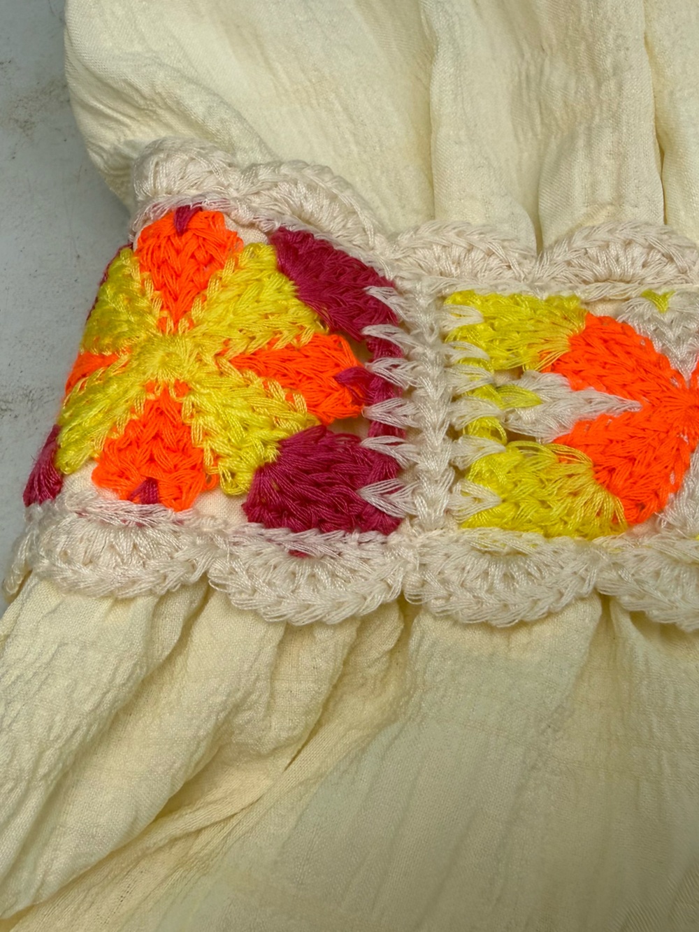 Boho Buttercream Textured Sun Dress Colorful Crochet Waistband - Picture 5 of 11
